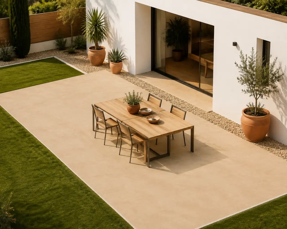 Déco jardin avec gazon synthétique autour d'un coin repas