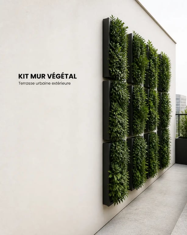 Kit mur vegetal exterieur installé sur une terrasse urbaine avec modules végétalisés et mur clair