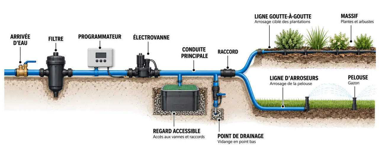 Schéma des accessoires arrosage automatique entre arrivée d’eau, filtre, électrovanne, goutteurs et arroseurs