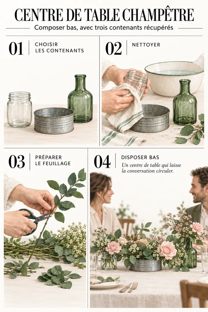 Étapes d'une décoration champêtre fait maison avec trois vases récupérés pour un centre de table