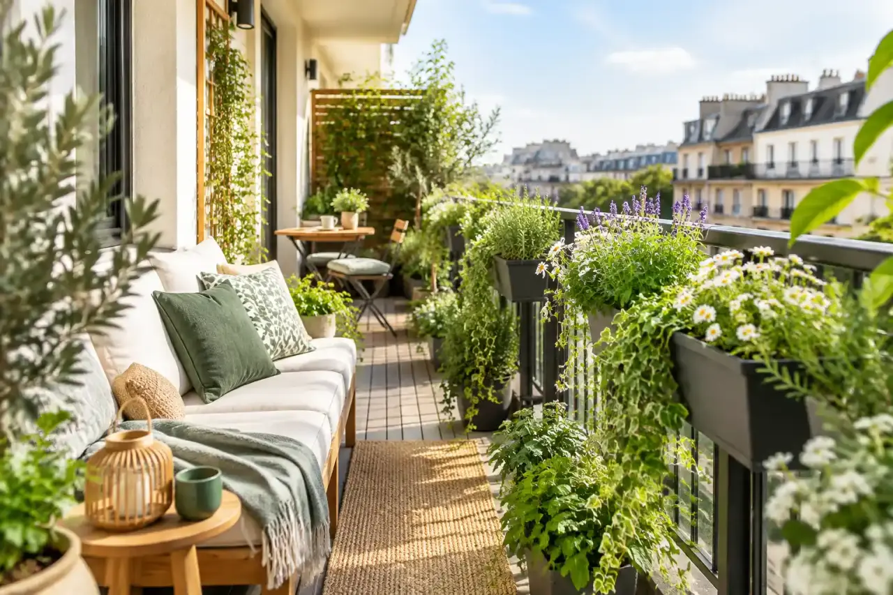 Balcon filant végétalisé avec des plantes en pots et du mobilier léger