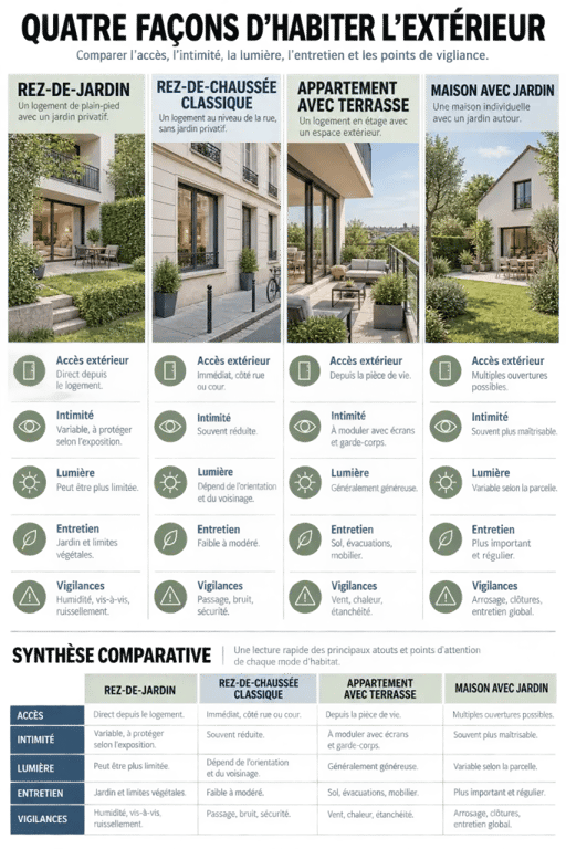 Comparaison d'un rez-de jardin appartement avec un rez-de-chaussée, une terrasse et une maison avec jardin