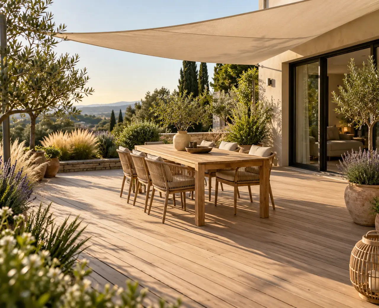 Idée d’aménagement de terrasse en bois : un coin repas, de l’ombre et de l’espace pour circuler