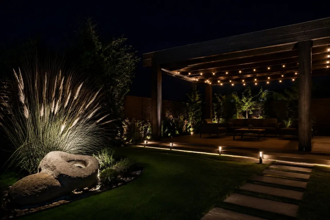 Déco jardin avec gazon synthétique éclairée par des lumières chaudes