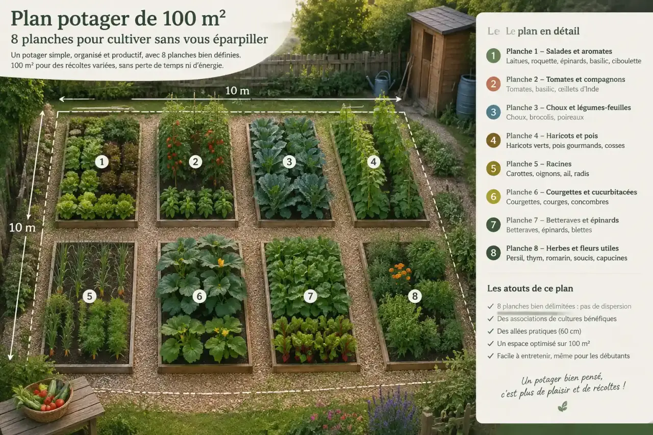 Un plan potager de 100 m², 8 planches pour cultiver sans vous éparpiller