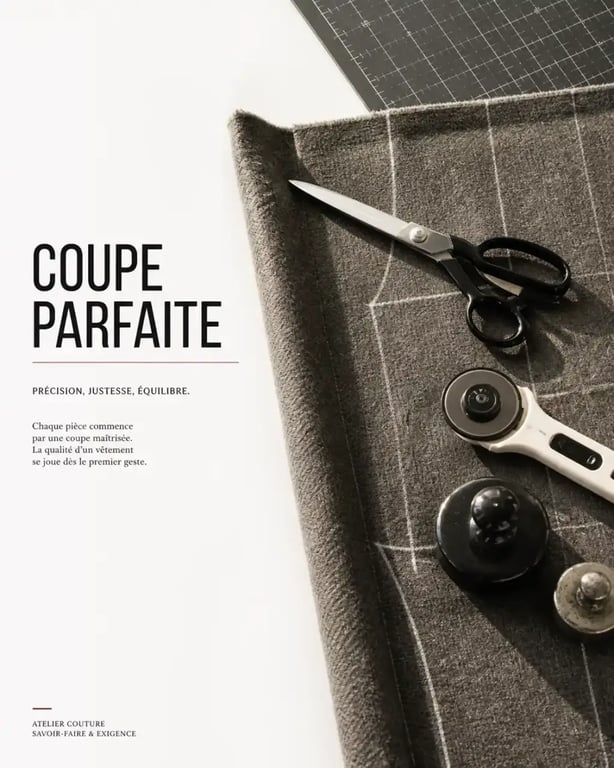 Matériel de coupe et d'entretien pour la couture disposé sur un plan de travail