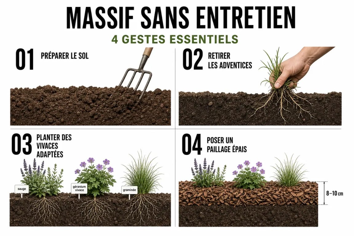 Créer un massif sans entretien : préparation du sol, plantation et paillage en étapes