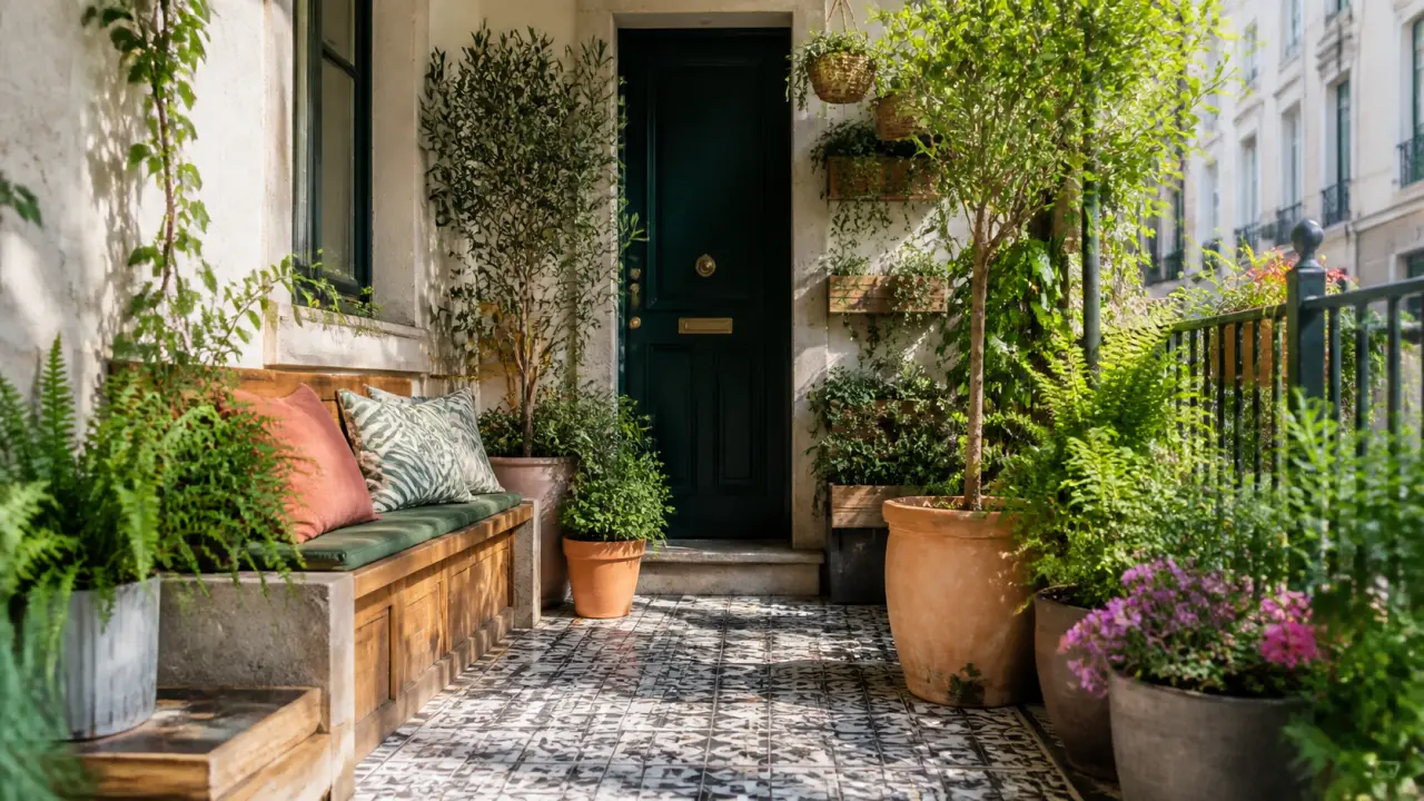 Porche urbain transformé en jardin refuge