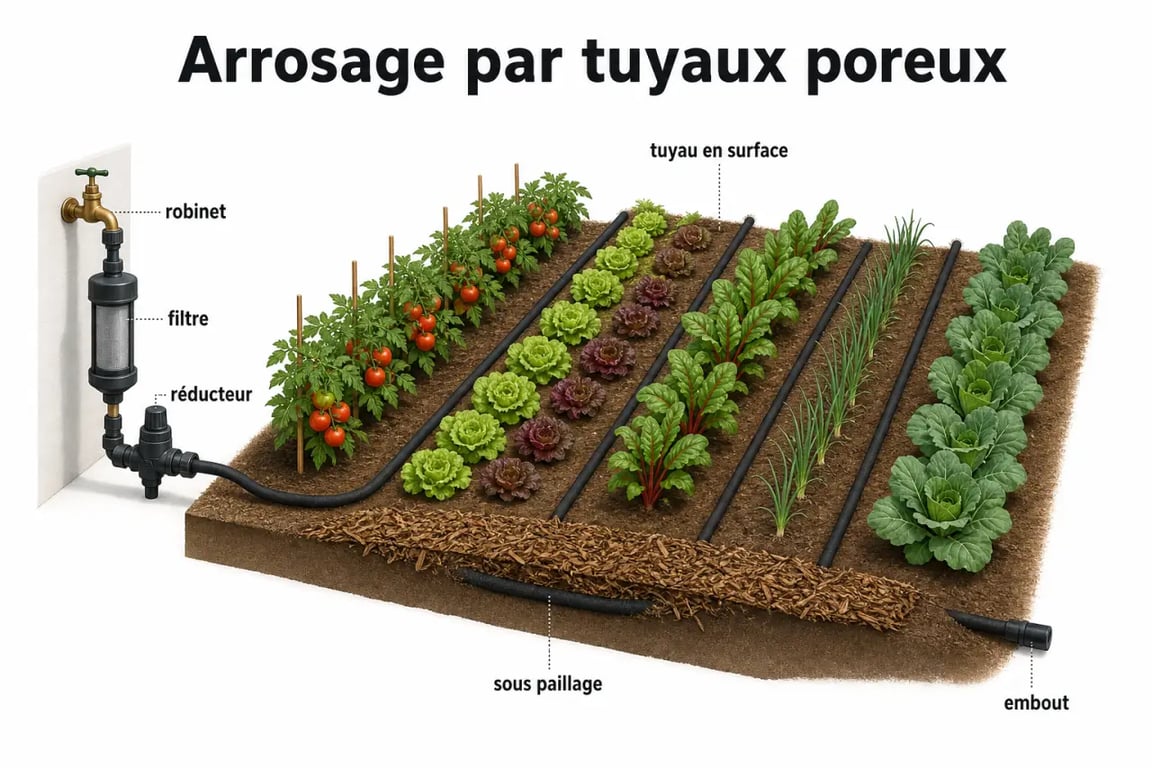 Arrosage tuyaux poreux au potager avec pose en surface et enterrée