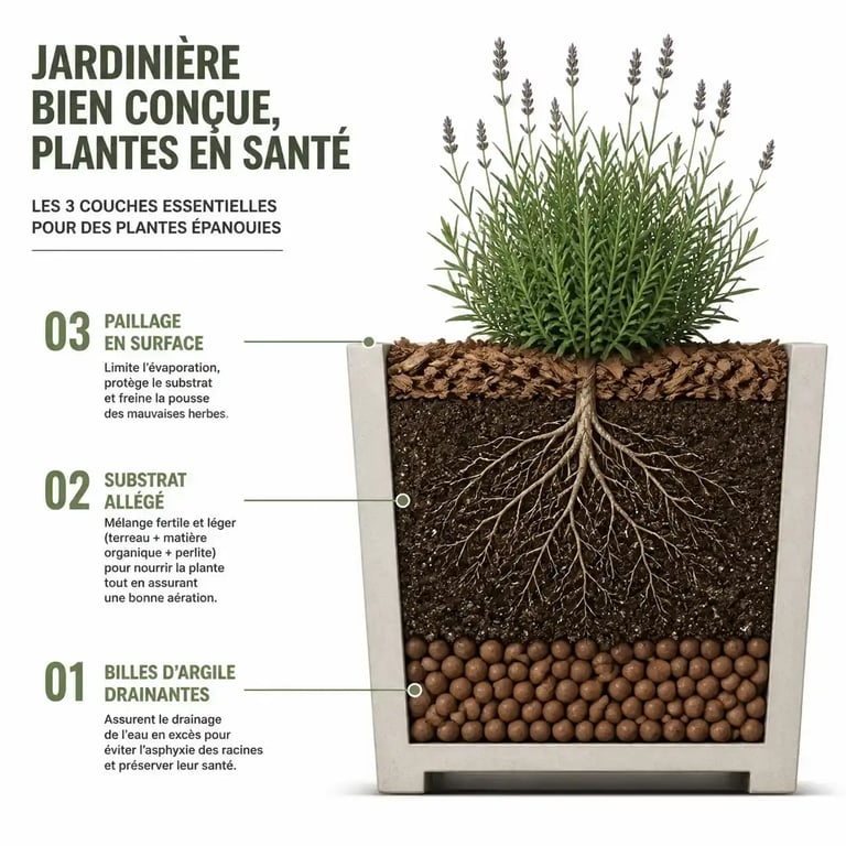 Coupe illustrée du drainage et du substrat pour végétaliser une terrasse en bac