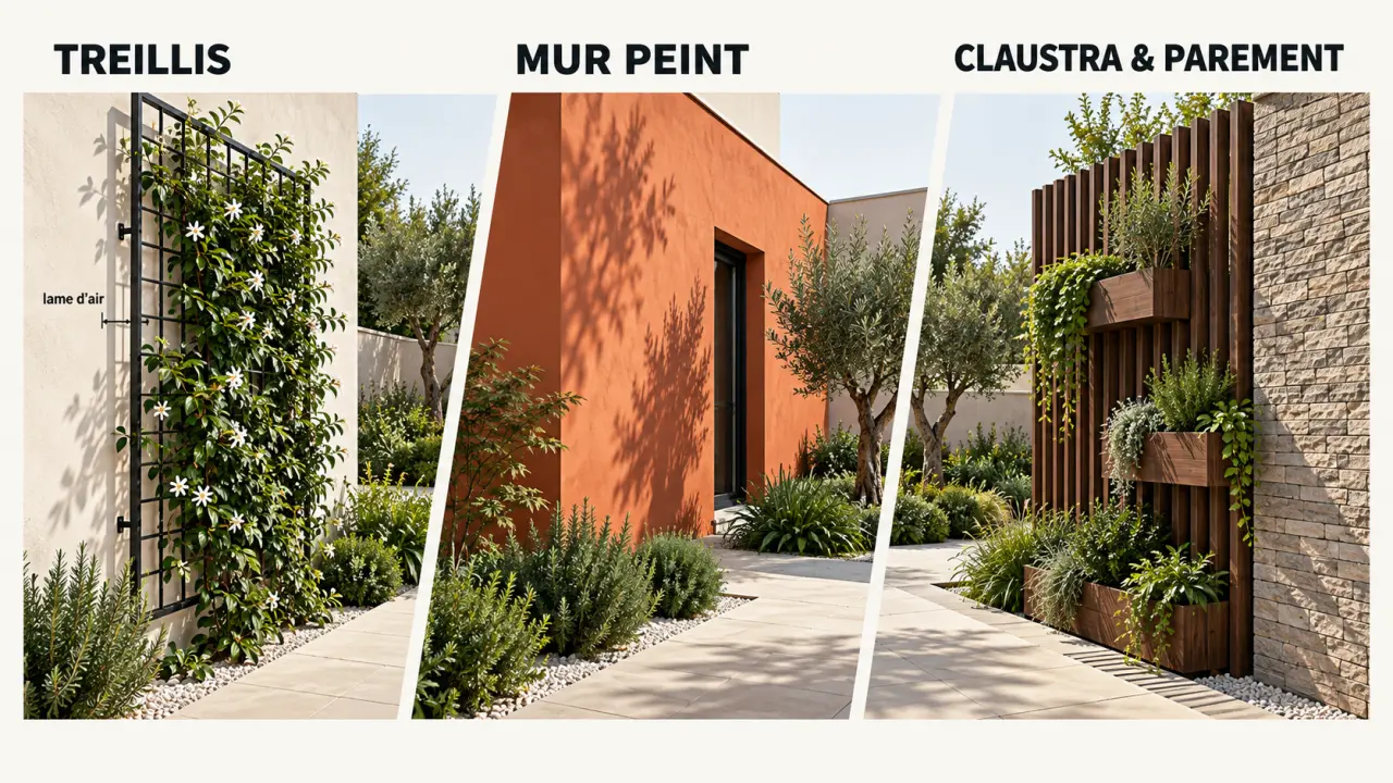 Idées pour comment habiller un mur extérieur avec plantes, peinture, claustra et parement
