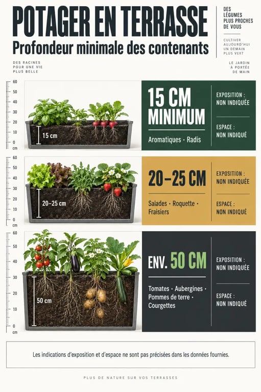 Infographie des profondeurs de bacs et expositions pour un potager sur une terrasse