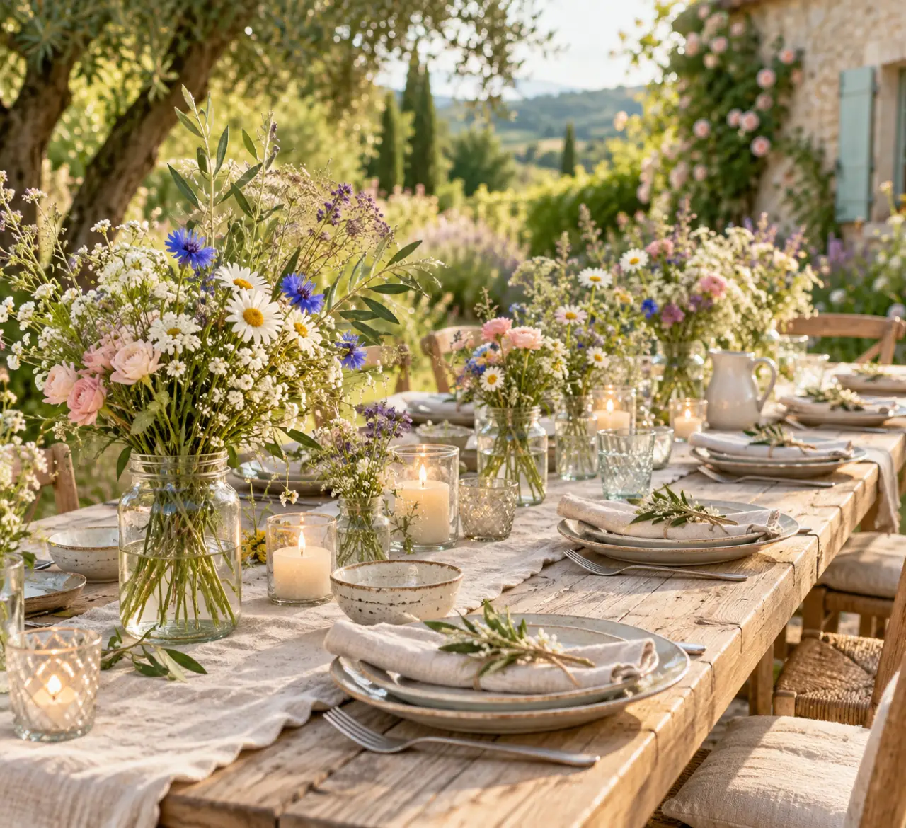 Décoration champêtre faite maison : des bocaux fleuris aux tables qui respirent