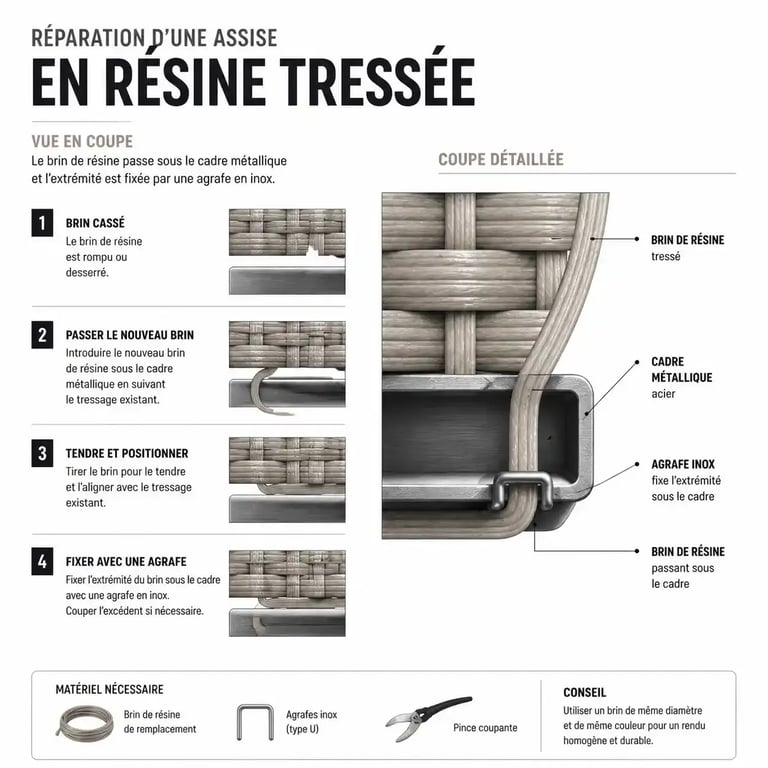 Schéma technique pour réparer une assise de salon de jardin tressé