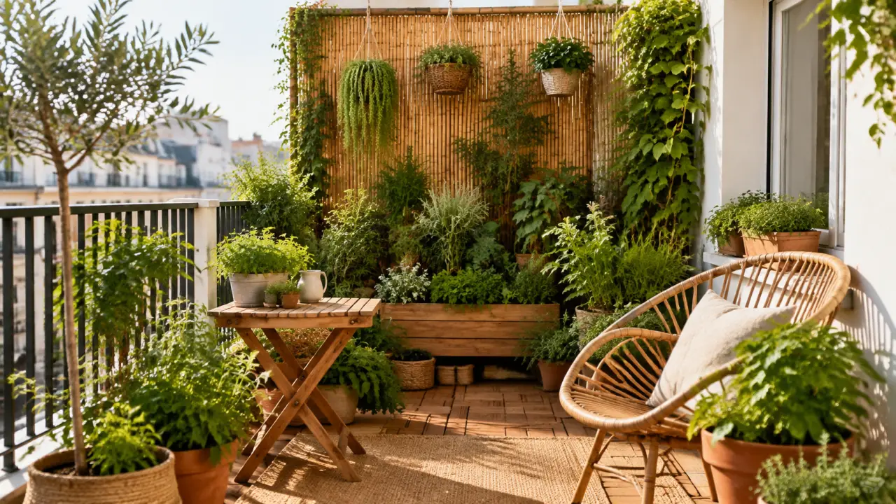 Balcon urbain transformé en micro-jungle chaleureuse avec plantes en pot, bois et lumière douce