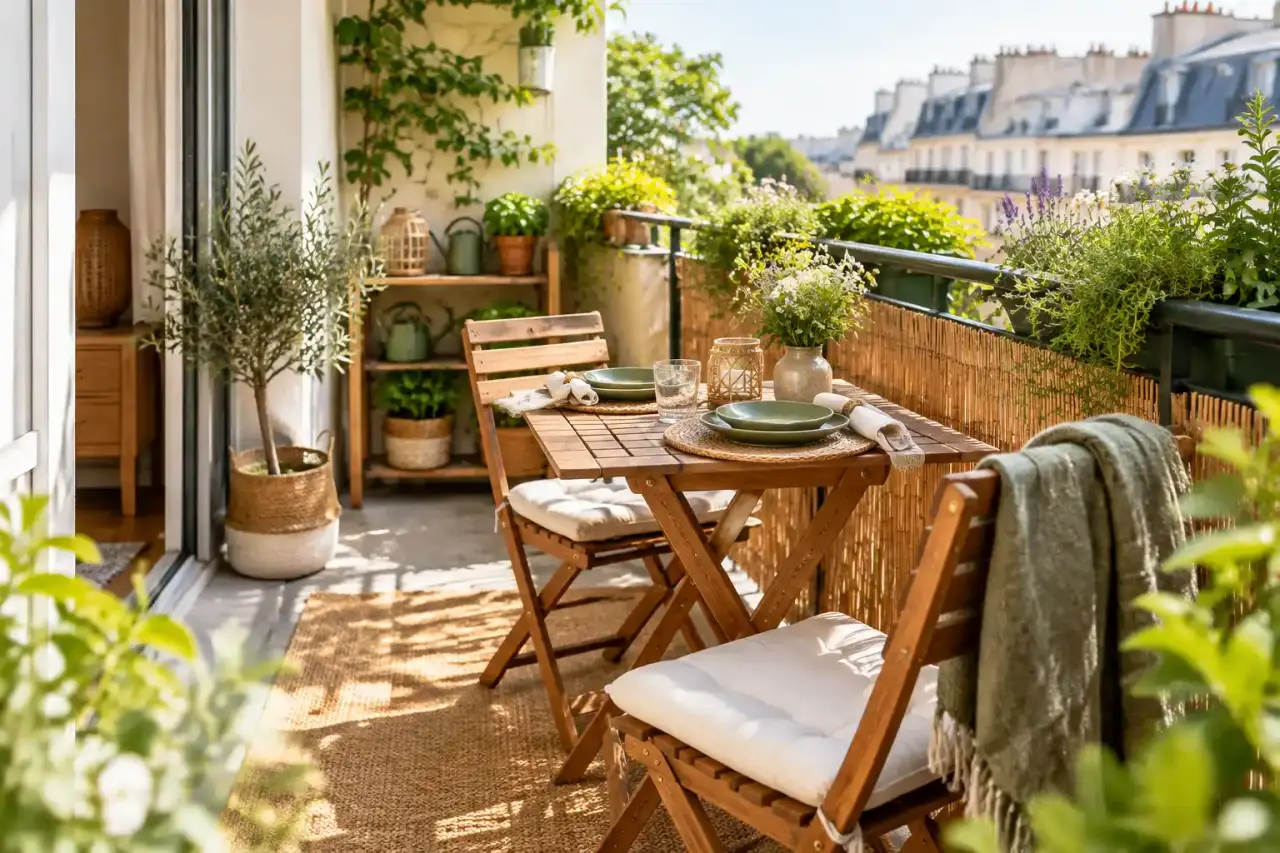 Petit balcon urbain aménagé avec une table pliante, deux chaises et des plantes en pots