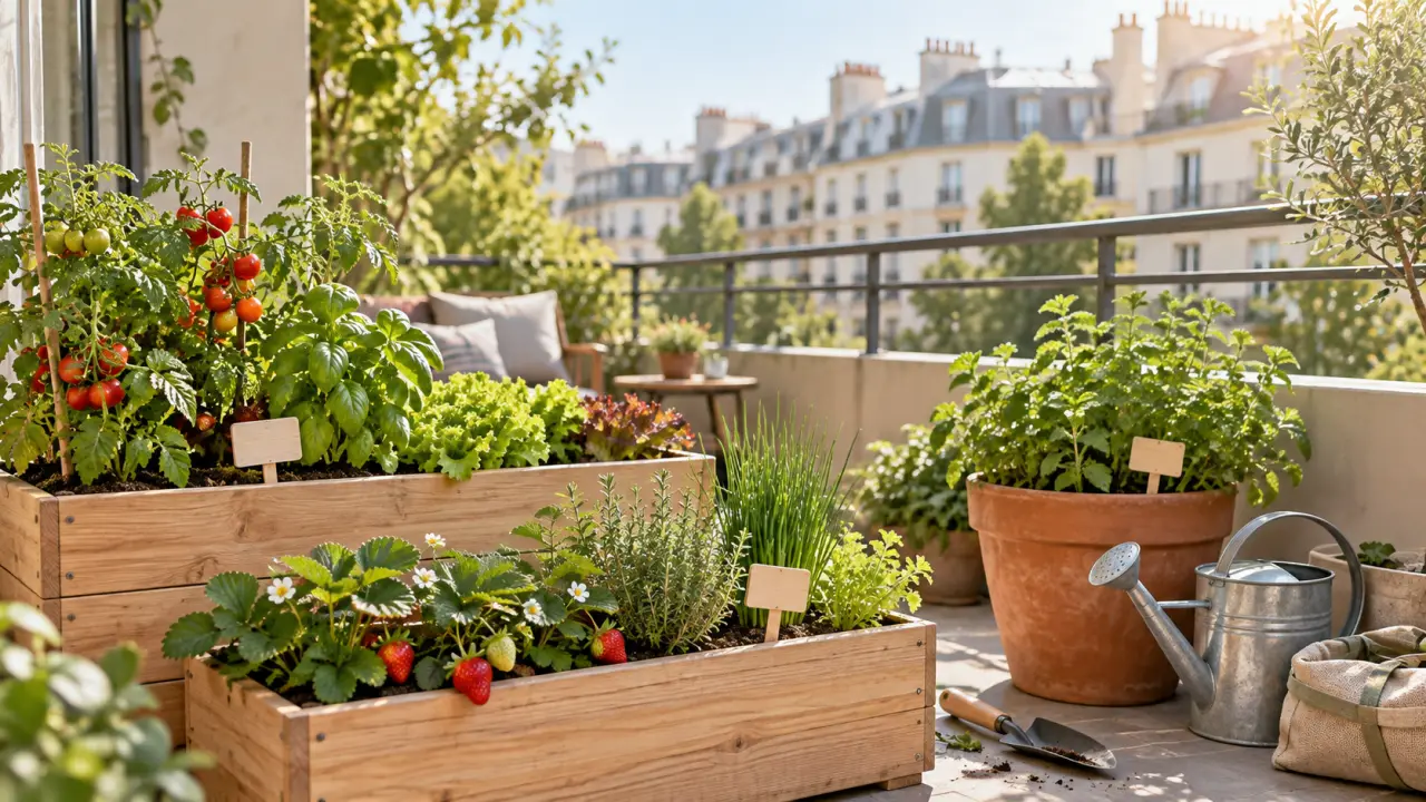 Balcon urbain aménagé avec des bacs de légumes, des plantes aromatiques et des fleurs comestibles