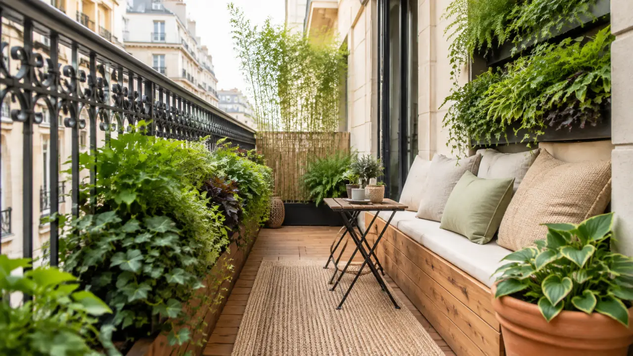 Balcon filant ombragé transformé en refuge végétal chaleureux, avec assises en bois, pots en terre cuite et lumière douce.