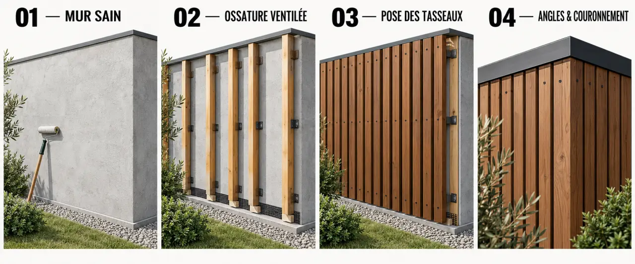 Étapes pour habiller un mur extérieur avec des tasseaux de bois sur une ossature ventilée