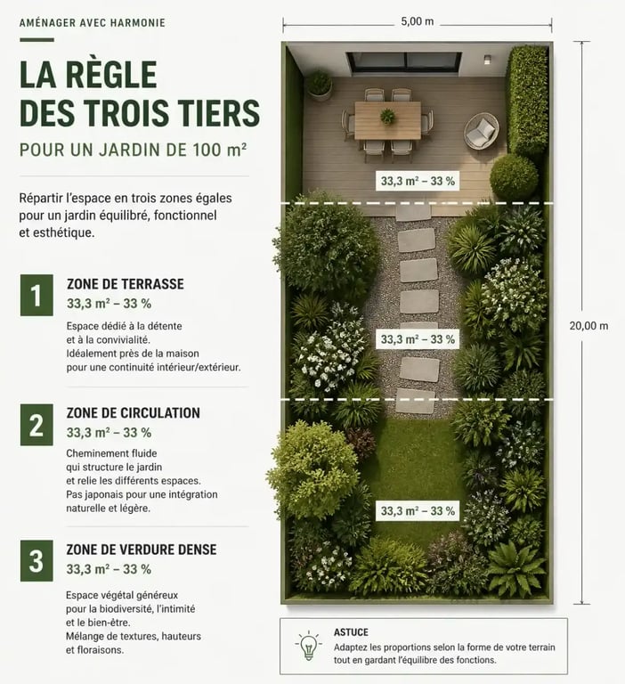 Schéma d'aménagement d'un jardin de 100 m2 selon la règle des trois tiers