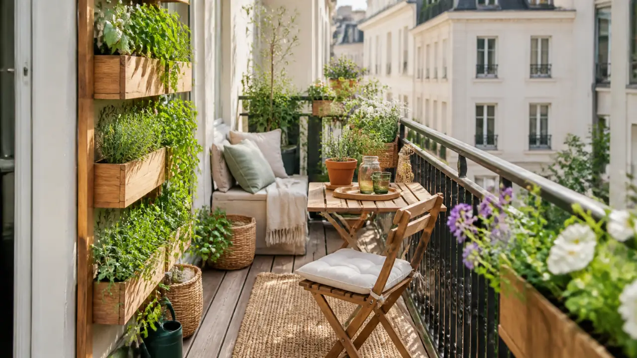 Balcon filant urbain aménagé avec plantes en pot, fauteuil en rotin et lumière chaleureuse
