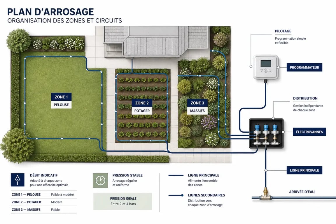 Logiciel calcul arrosage automatique : schéma éditorial d’un jardin découpé en zones d’arrosage avec programmateur et électrovannes