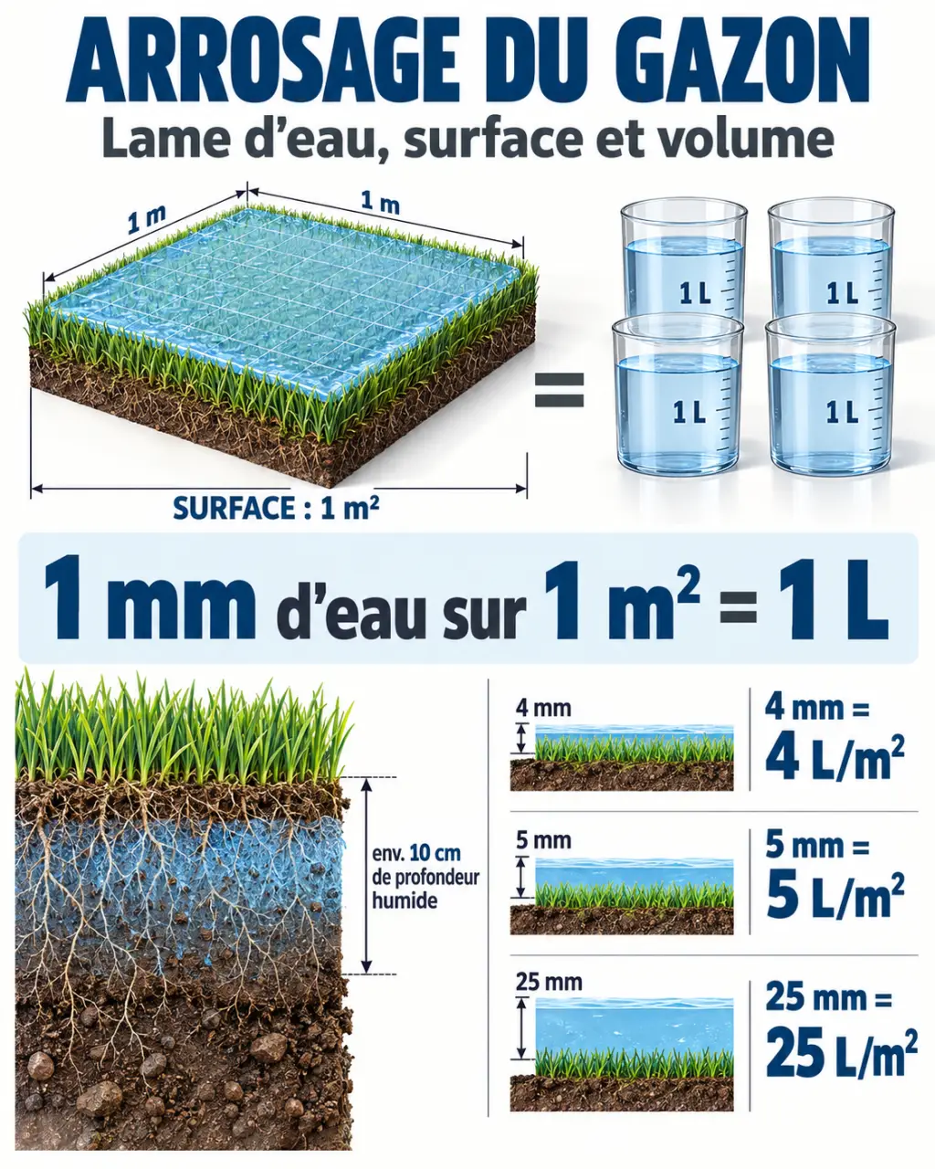 Infographie sur l’arrosage gazon avec mesure de l’eau et profondeur d’infiltration