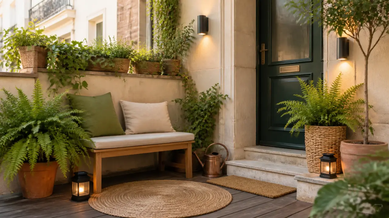 Porche urbain chaleureux avec fauteuil en rotin, plantes en pot, guirlandes lumineuses et lumière dorée du soir.