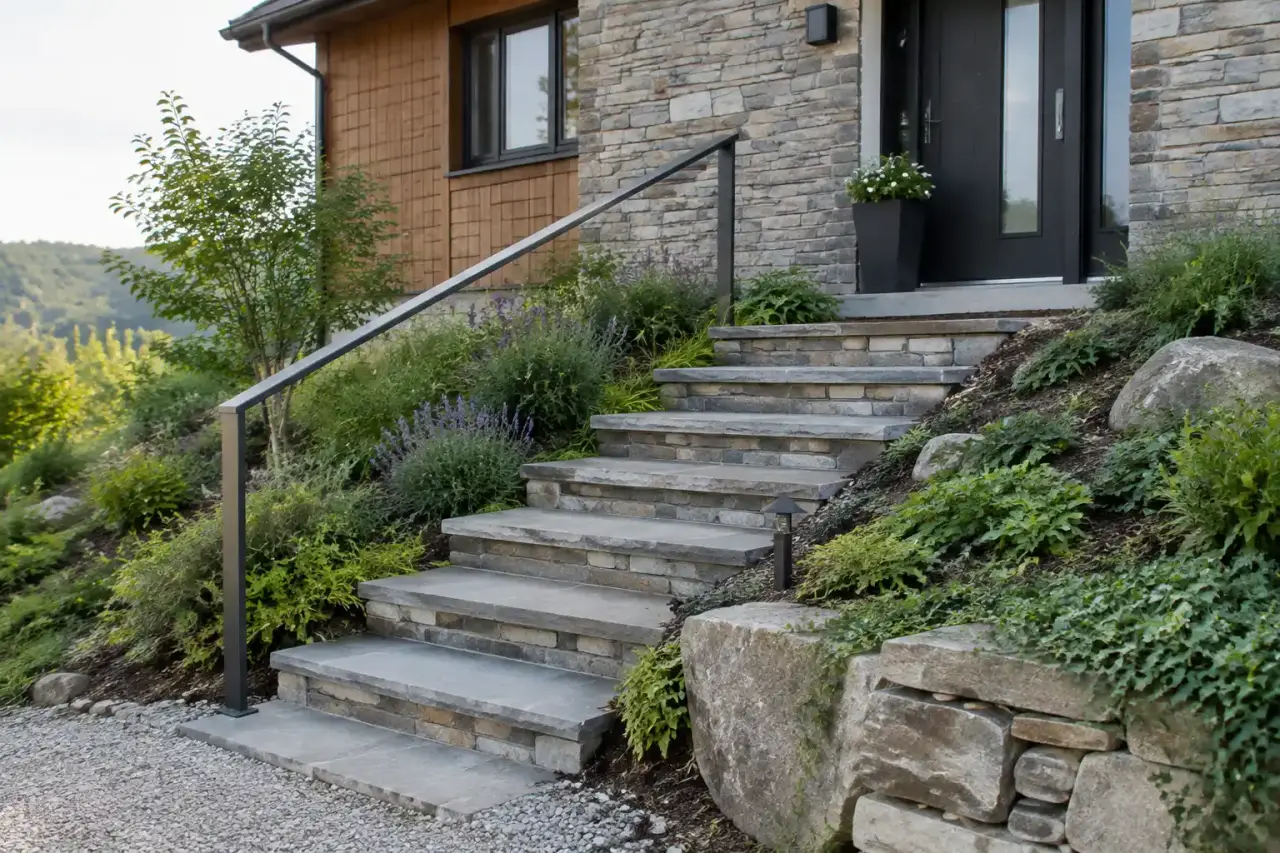 Un escalier extérieur adapté à la pente, aux matériaux et à l’entrée de la maison