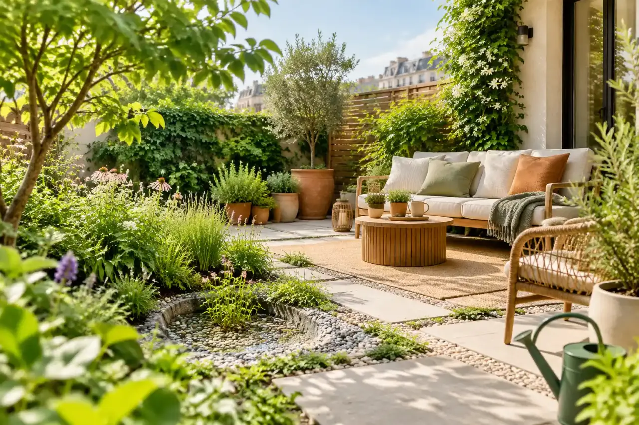 Petit patio urbain végétalisé avec un sol perméable, des plantes résistantes et du mobilier naturel
