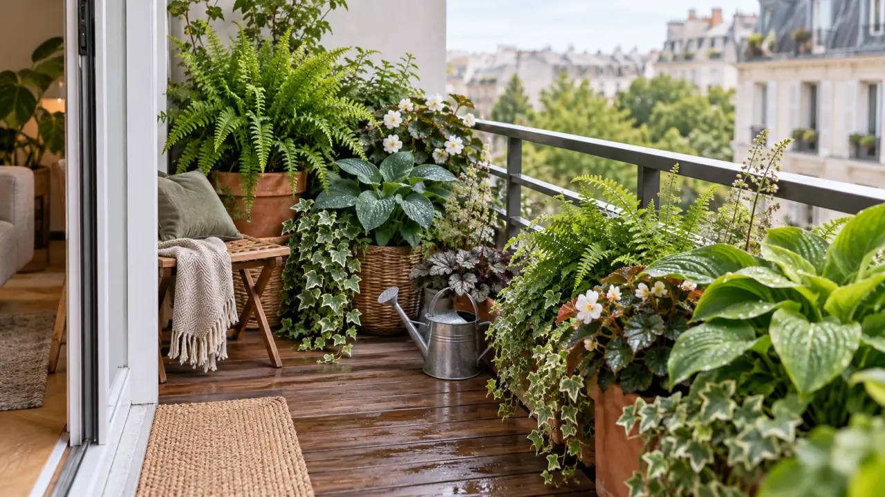 Balcon exposé au nord aménagé avec des plantes vertes en jardinières