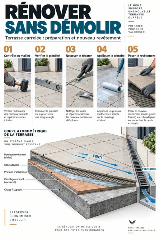 Rénovation terrasse carrelage : étapes de diagnostic, préparation et pose du nouveau revêtement