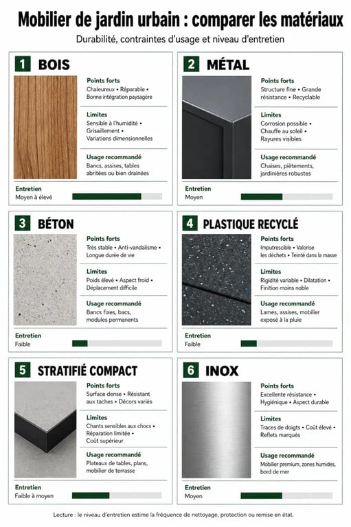 Comparatif des matériaux pour mobilier pour jardin urbain avec usages, entretien et durabilité