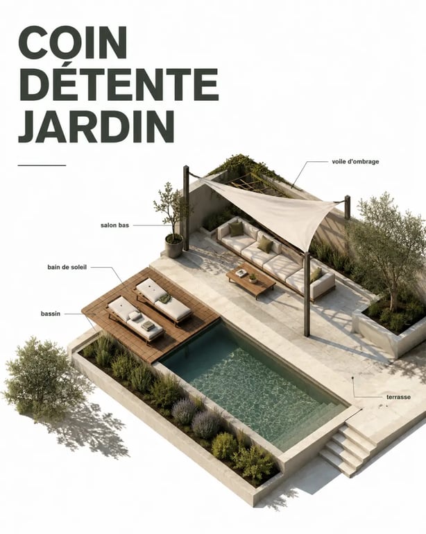 coin detente jardin dans un grand jardin avec salon bas, bain de soleil et pergola