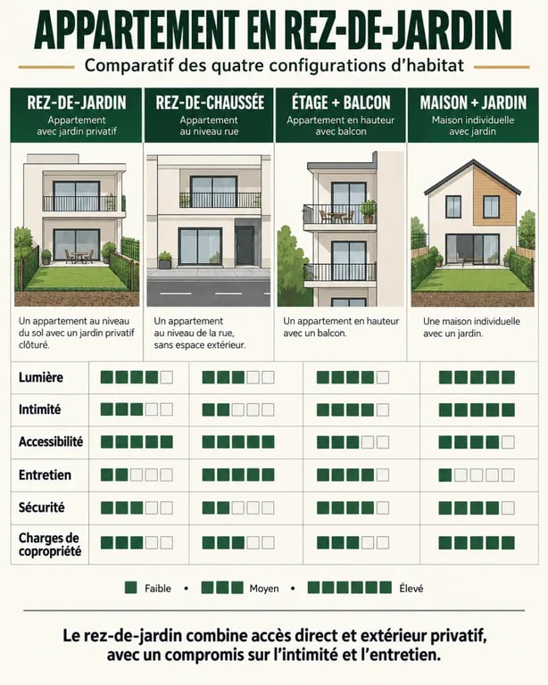 Infographie comparative d’un appartement en rez de jardin, d’un rez-de-chaussée, d’un appartement en étage et d’une maison avec jardin