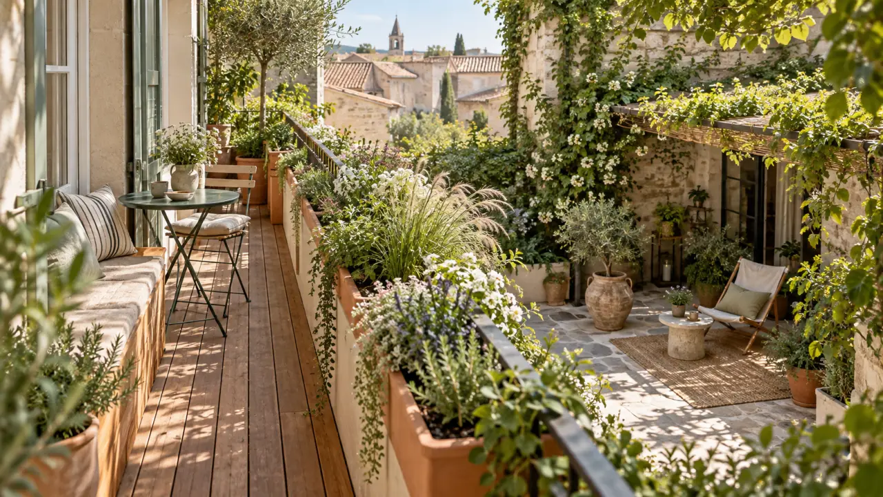 Balcon urbain et patio végétalisés avec des plantes adaptées à un petit espace