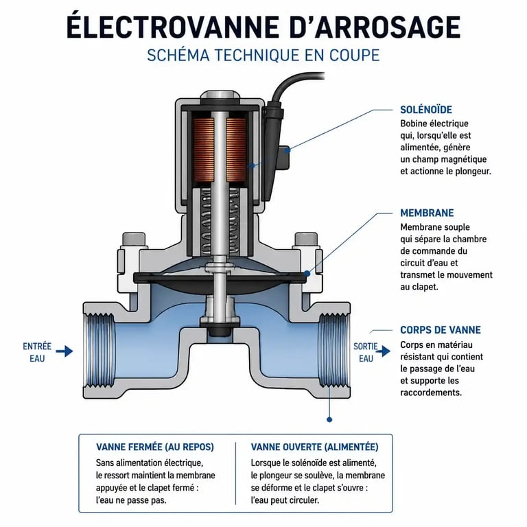 Schéma de fonctionnement d'une électrovanne pour arrosage automatique