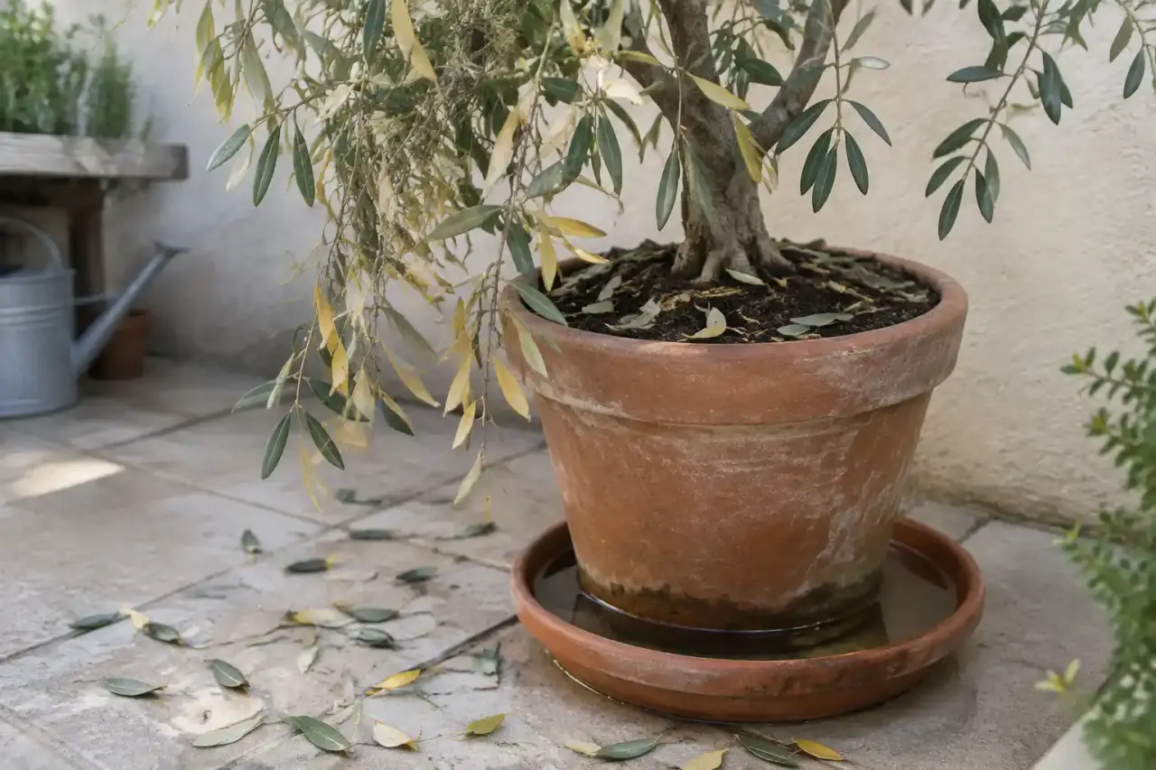 Un olivier en pot qui perd ses feuilles : l’eau stagnante est souvent en cause
