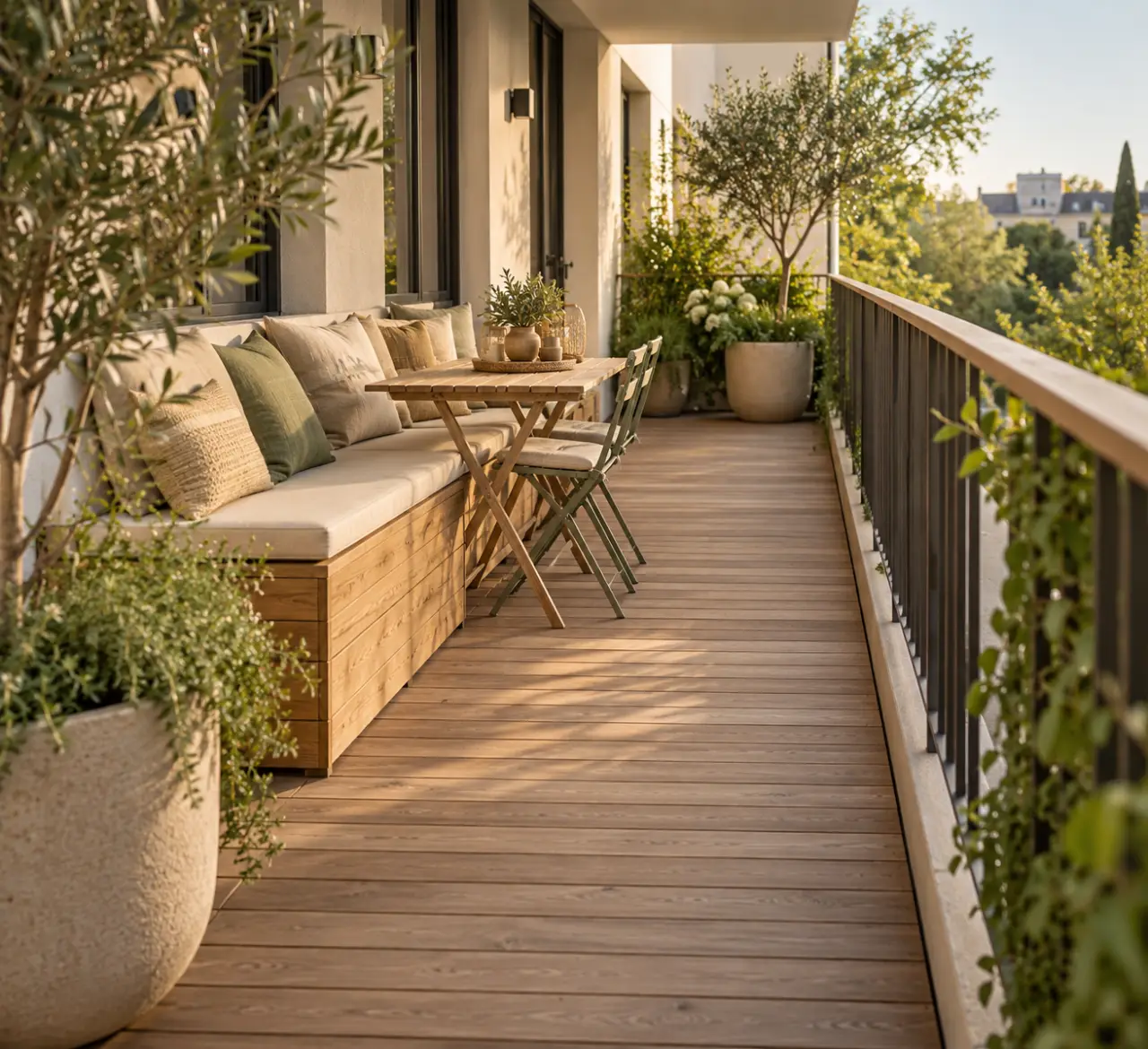 Idée aménagement terrasse bois pour petite surface longue et étroite