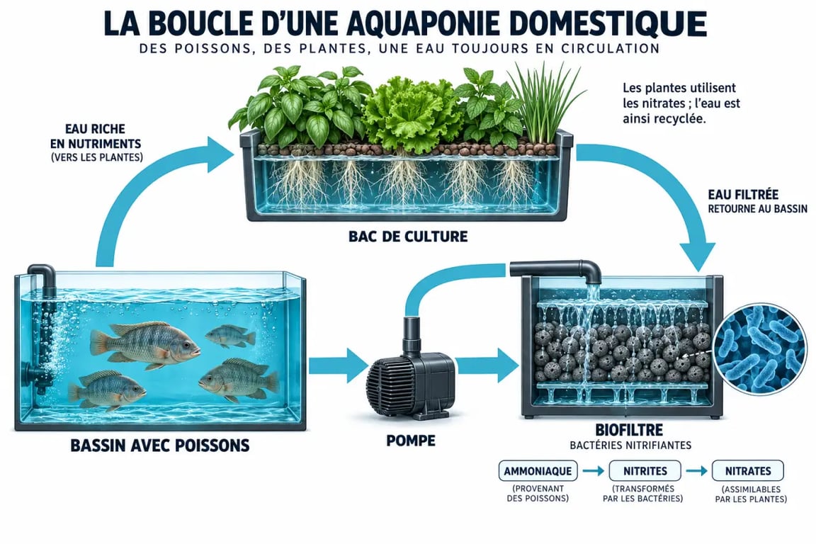 Schéma du fonctionnement d’une aquaponie à la maison avec poissons, bactéries et plantes