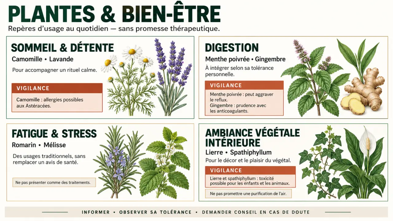 Plante bien-être : plantes classées par besoin avec bénéfices d'usage et précautions