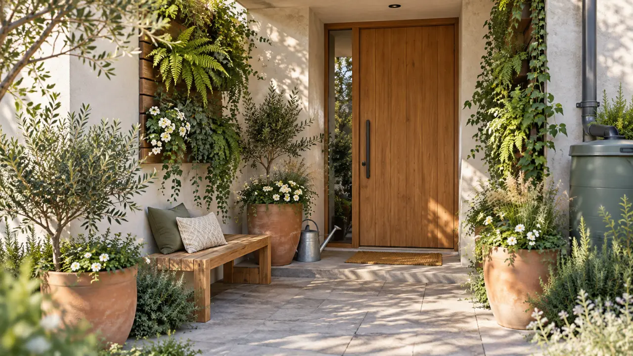Porche urbain végétalisé avec plantes en pots, mobilier en bois et décoration chaleureuse