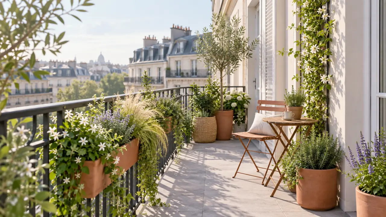 Balcon urbain végétalisé avec des plantes en pots et un aménagement léger