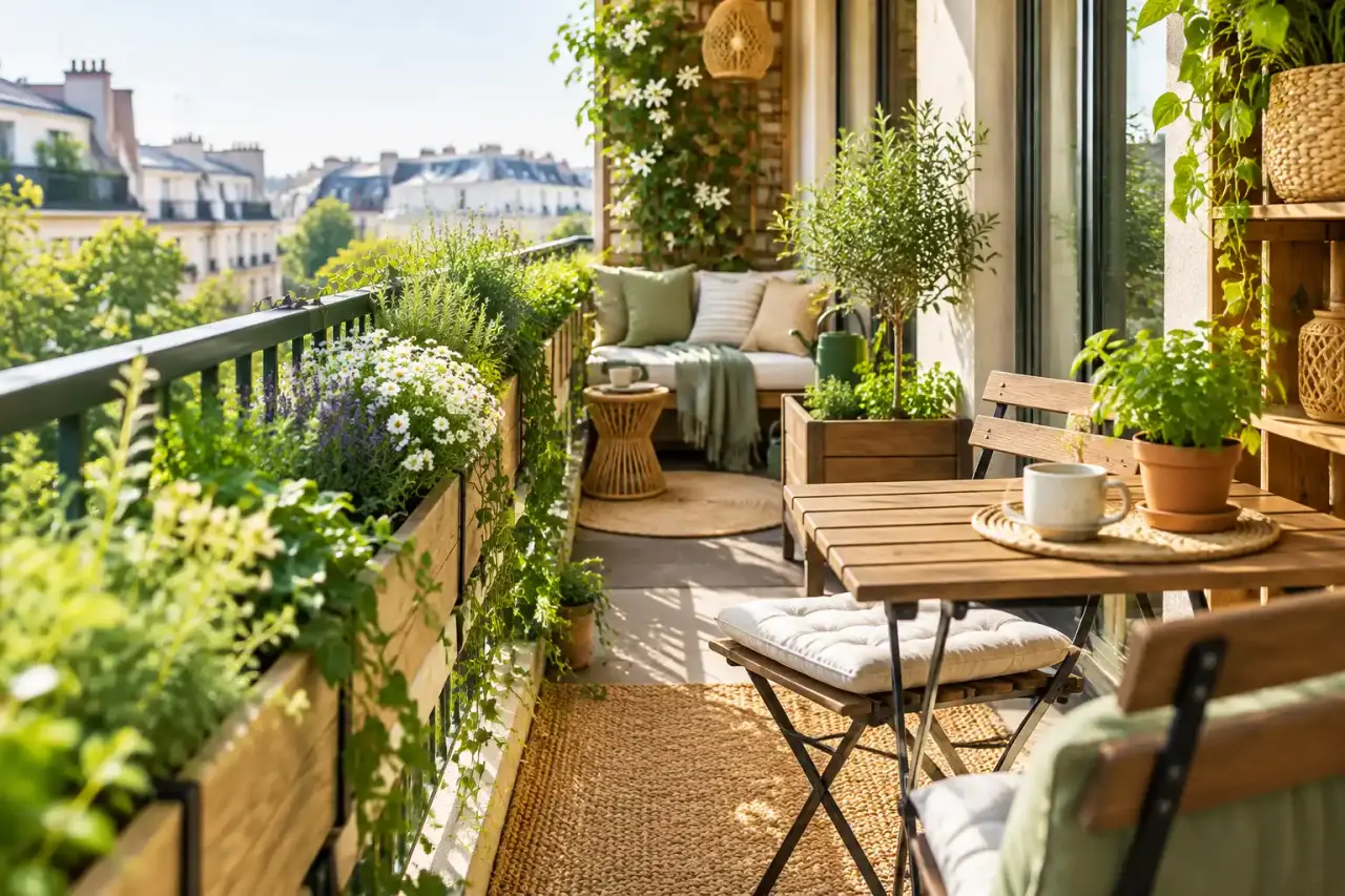 Balcon filant urbain aménagé avec des plantes et des matériaux naturels