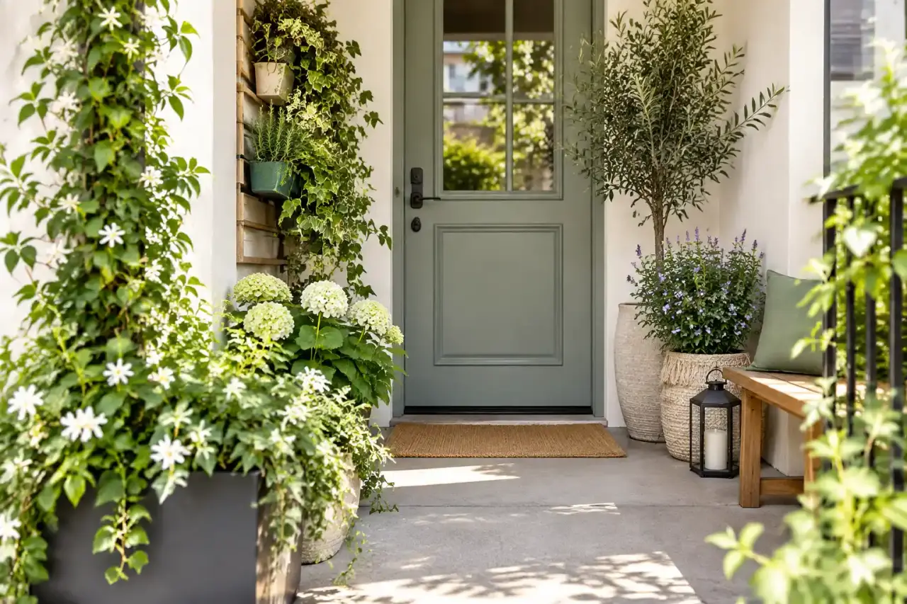 Porche d’entrée végétalisé avec des plantes en pots et des supports amovibles