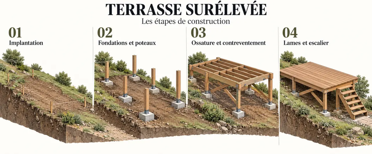 Étapes de construction d'une terrasse en bois sureleve sur terrain en pente