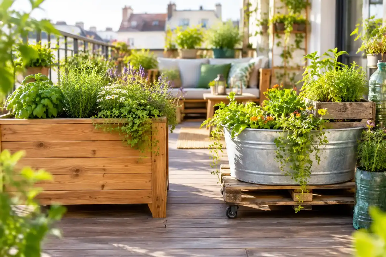 Bacs en bois et jardinières recyclées aménagés sur un petit balcon urbain