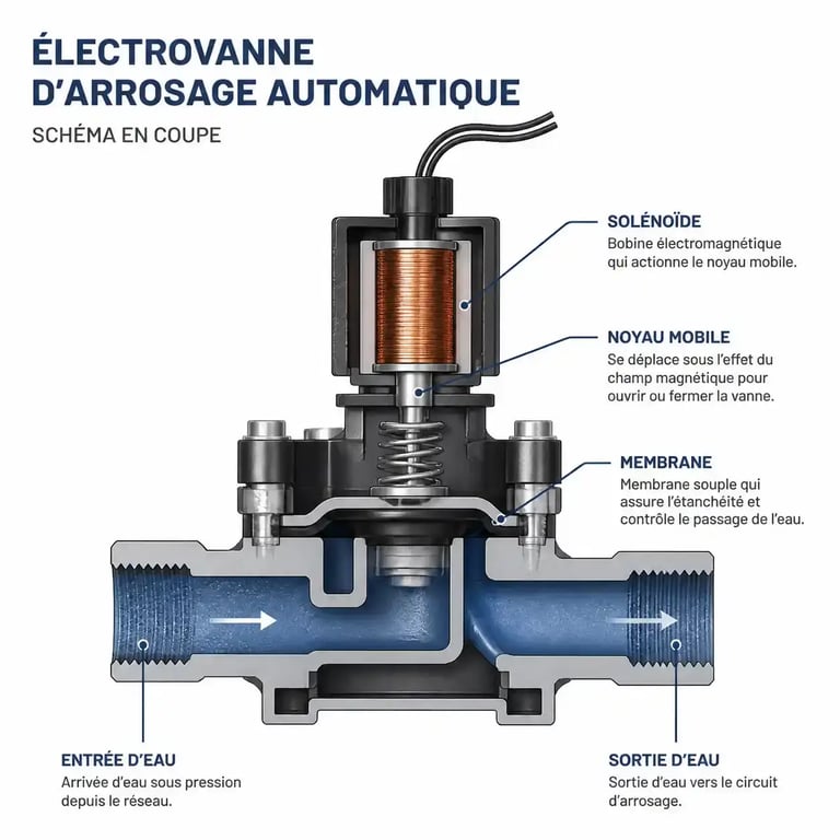 Schéma technique montrant l'anatomie d'une électrovanne pour arrosage automatique