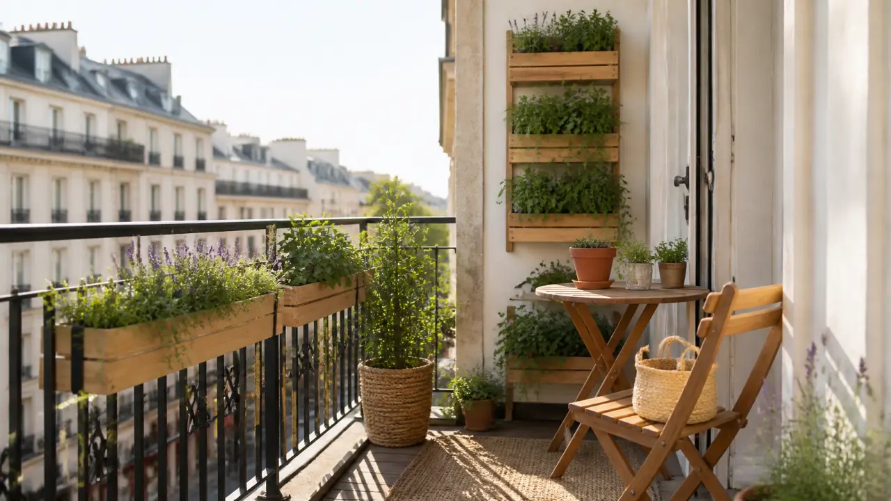 Balcon filant urbain planté avec sobriété, pots fins et circulation dégagée