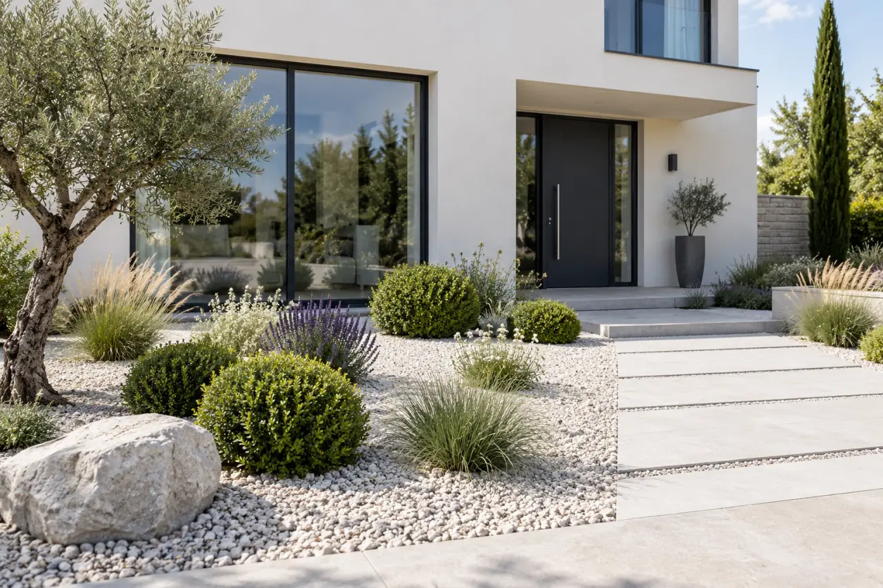 Parterre devant maison moderne : évitez le trop-plein de plantes qui alourdit la façade